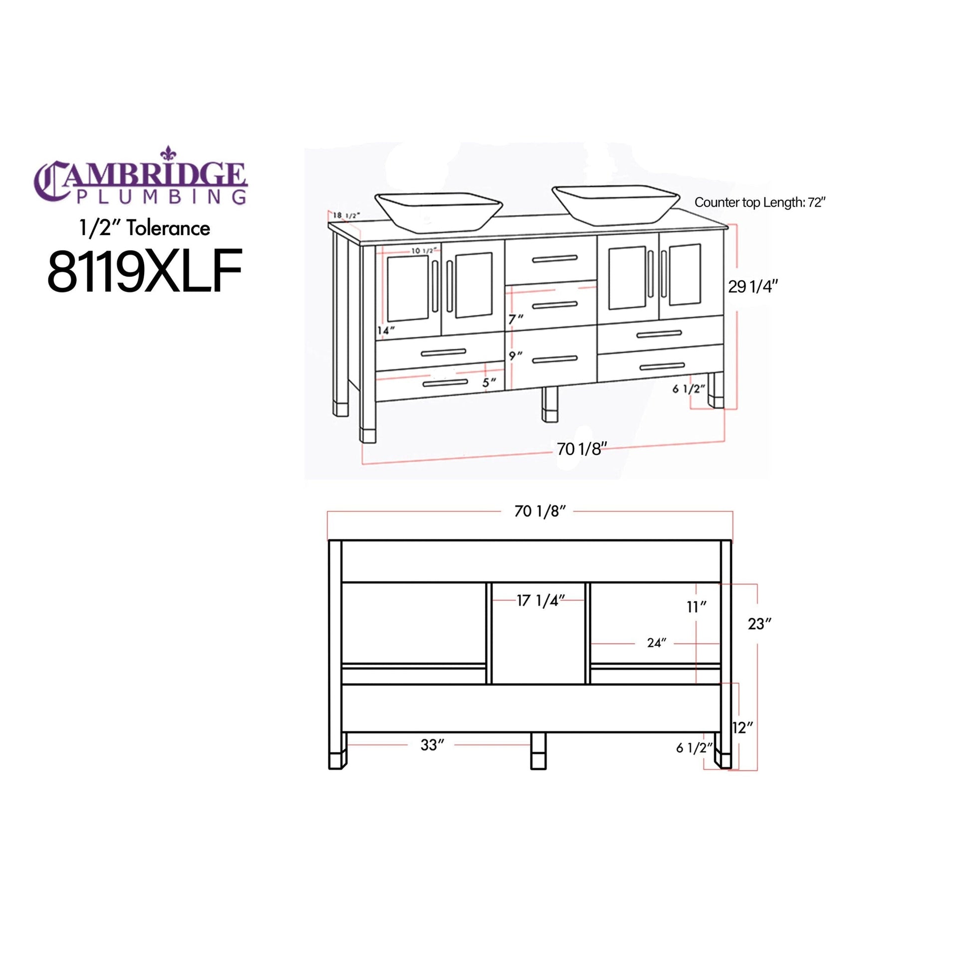 Cambridge Plumbing 72" Modern Wood and Porcelain Vanity with Brushed Nickel Plumbing-8119XLSF-BN