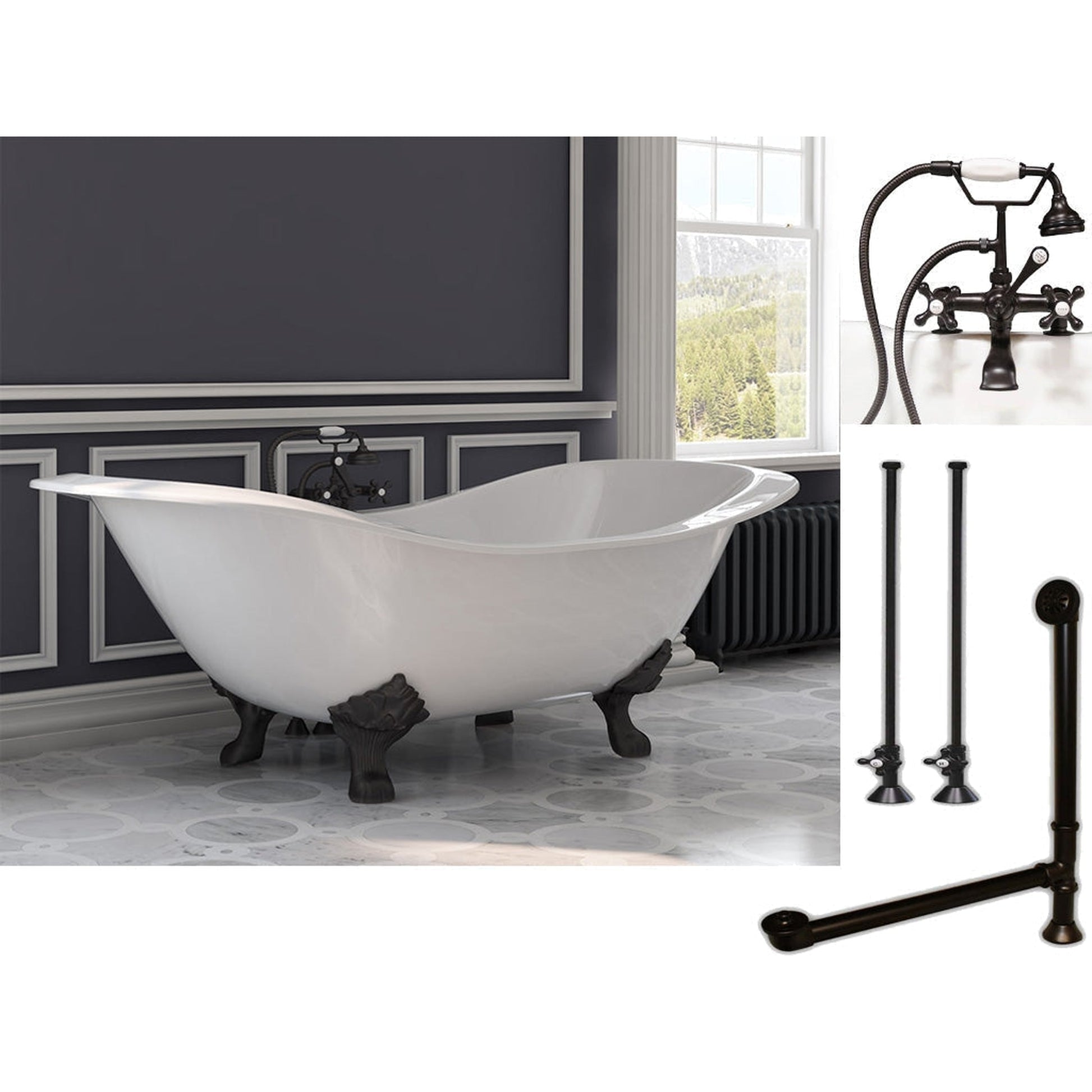 Cambridge Plumbing 72" White Cast Iron Double Slipper Clawfoot Bathtub With Deck Holes And Complete Plumbing Package Including 2” Riser Deck Mount Faucet, Supply Lines, Drain And Overflow Assembly In Oil Rubbed Bronze