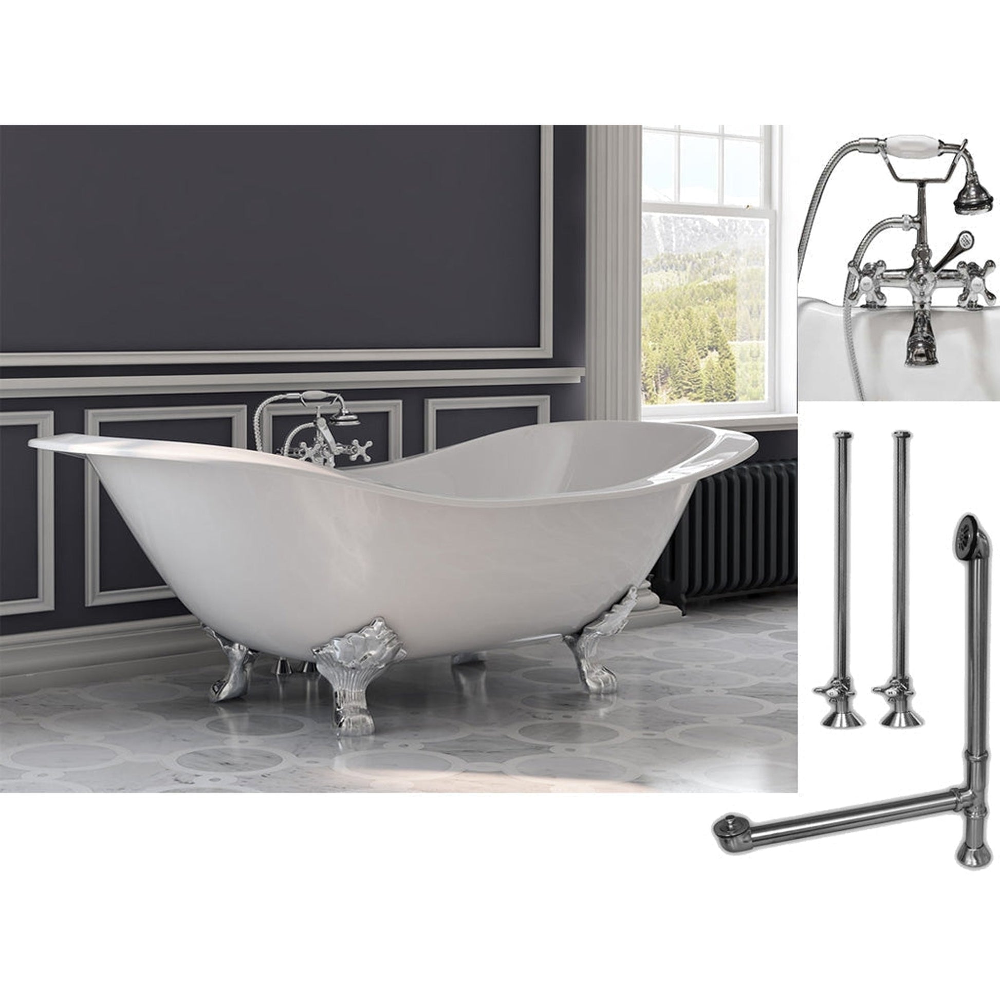 Cambridge Plumbing 72" White Cast Iron Double Slipper Clawfoot Bathtub With Deck Holes And Complete Plumbing Package Including 2” Riser Deck Mount Faucet, Supply Lines, Drain And Overflow Assembly In Polished Chrome