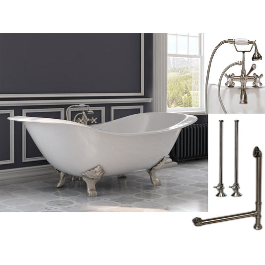 Cambridge Plumbing 72" White Cast Iron Double Slipper Clawfoot Bathtub With Deck Holes And Complete Plumbing Package Including 2” Riser Deck Mount Faucet, Supply Lines, Drain And Overflow Assembly In Brushed Nickel