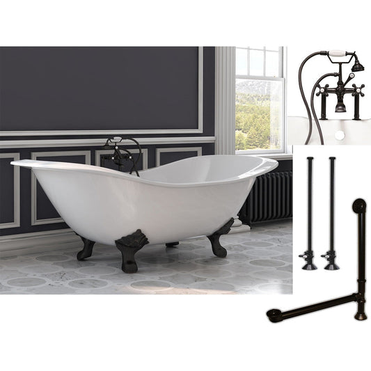 Cambridge Plumbing 72" White Cast Iron Double Slipper Clawfoot Bathtub With Deck Holes And Complete Plumbing Package Including 6” Riser Deck Mount Faucet, Supply Lines, Drain And Overflow Assembly In Oil Rubbed Bronze