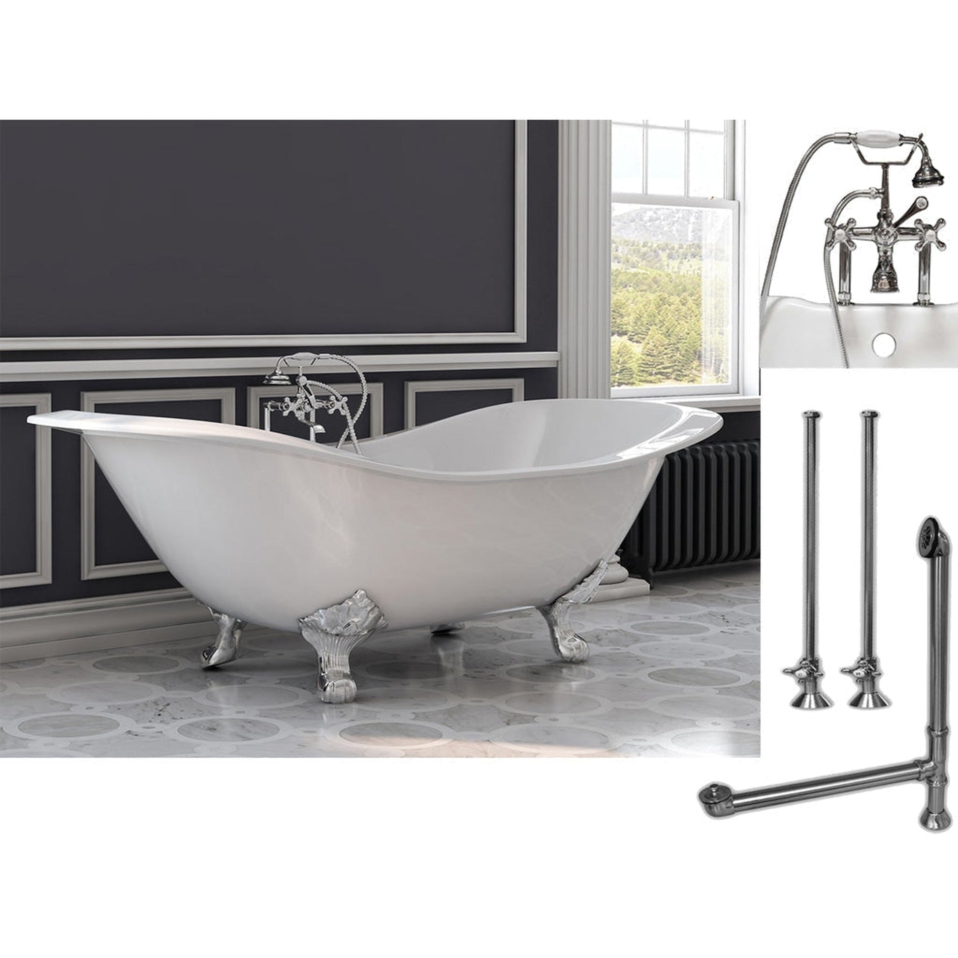 Cambridge Plumbing 72" White Cast Iron Double Slipper Clawfoot Bathtub With Deck Holes And Complete Plumbing Package Including 6” Riser Deck Mount Faucet, Supply Lines, Drain And Overflow Assembly In Polished Chrome