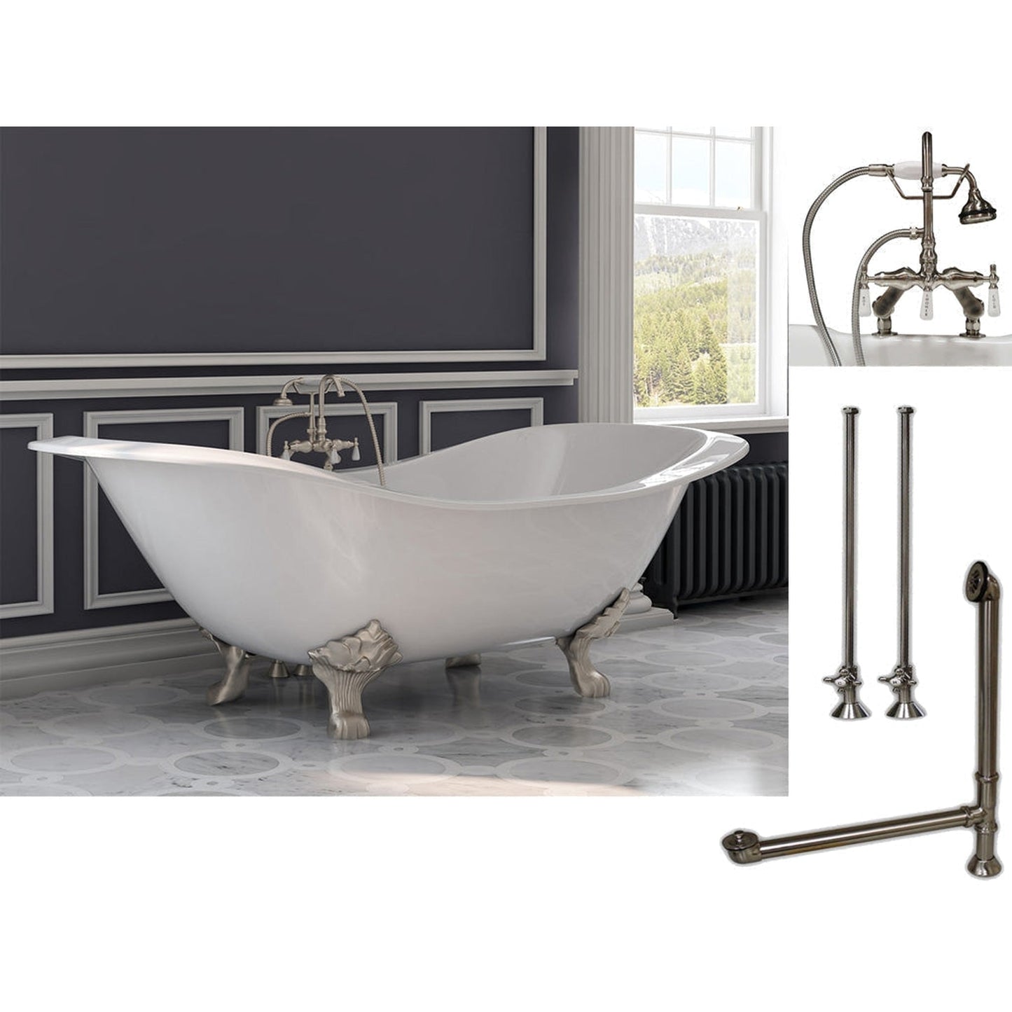 Cambridge Plumbing 72" White Cast Iron Double Slipper Clawfoot Bathtub With Deck Holes And Complete Plumbing Package Including Porcelain Lever English Telephone Brass Faucet, Supply Lines, Drain And Overflow Assembly In Brushed Nickel