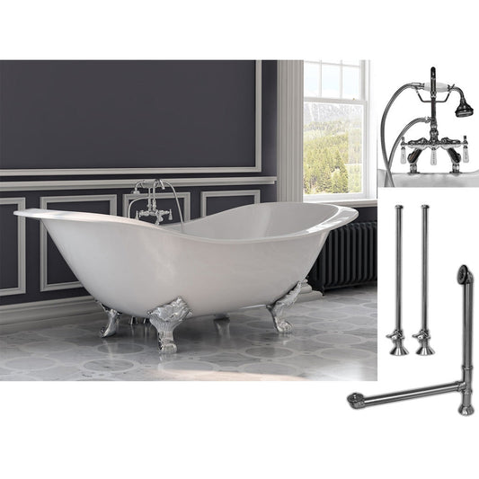 Cambridge Plumbing 72" White Cast Iron Double Slipper Clawfoot Bathtub With Deck Holes And Complete Plumbing Package Including Porcelain Lever English Telephone Brass Faucet, Supply Lines, Drain And Overflow Assembly In Polished Chrome