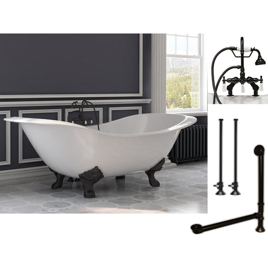 Cambridge Plumbing 72" White Cast Iron Double Slipper Clawfoot Bathtub With Deck Holes And Complete Plumbing Package Including Porcelain Lever English Telephone Brass Faucet, Supply Lines, Drain And Overflow Assembly In Oil Rubbed Bronze