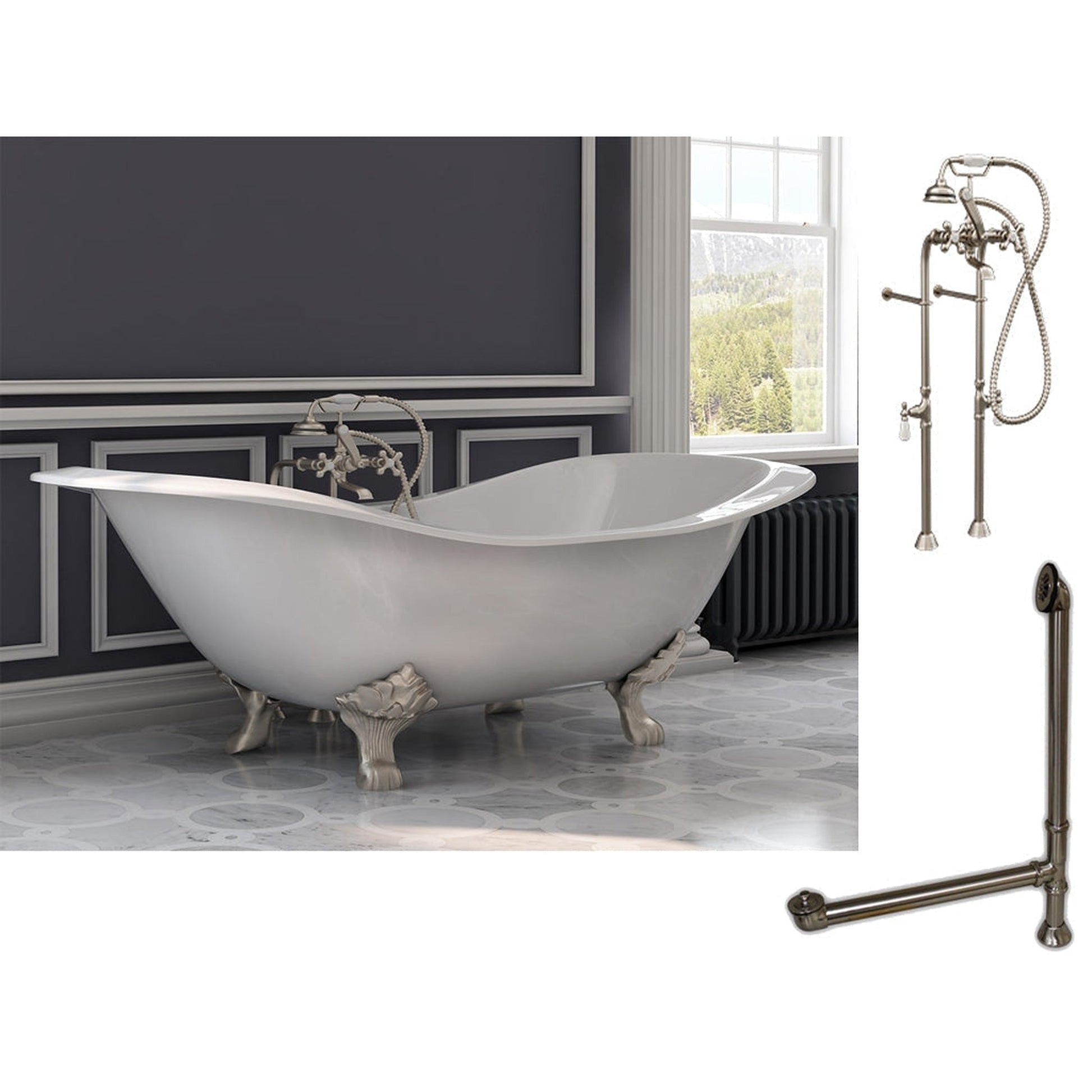 Cambridge Plumbing 72" White Cast Iron Double Slipper Clawfoot Bathtub With No Faucet Holes And Complete Plumbing Package Including Floor Mounted British Telephone Faucet, Drain And Overflow Assembly In Brushed Nickel