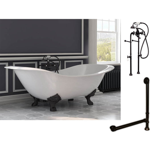 Cambridge Plumbing 72" White Cast Iron Double Slipper Clawfoot Bathtub With No Faucet Holes And Complete Plumbing Package Including Floor Mounted British Telephone Faucet, Drain And Overflow Assembly In Oil Rubbed Bronze