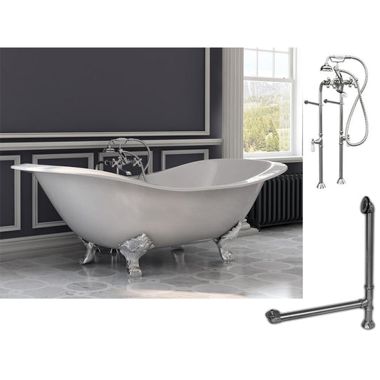 Cambridge Plumbing 72" White Cast Iron Double Slipper Clawfoot Bathtub With No Faucet Holes And Complete Plumbing Package Including Floor Mounted British Telephone Faucet, Drain And Overflow Assembly In Polished Chrome