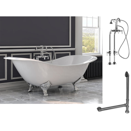 Cambridge Plumbing 72" White Cast Iron Double Slipper Clawfoot Bathtub With No Faucet Holes And Complete Plumbing Package Including Freestanding English Telephone Gooseneck Faucet, Drain And Overflow Assembly In Polished Chrome