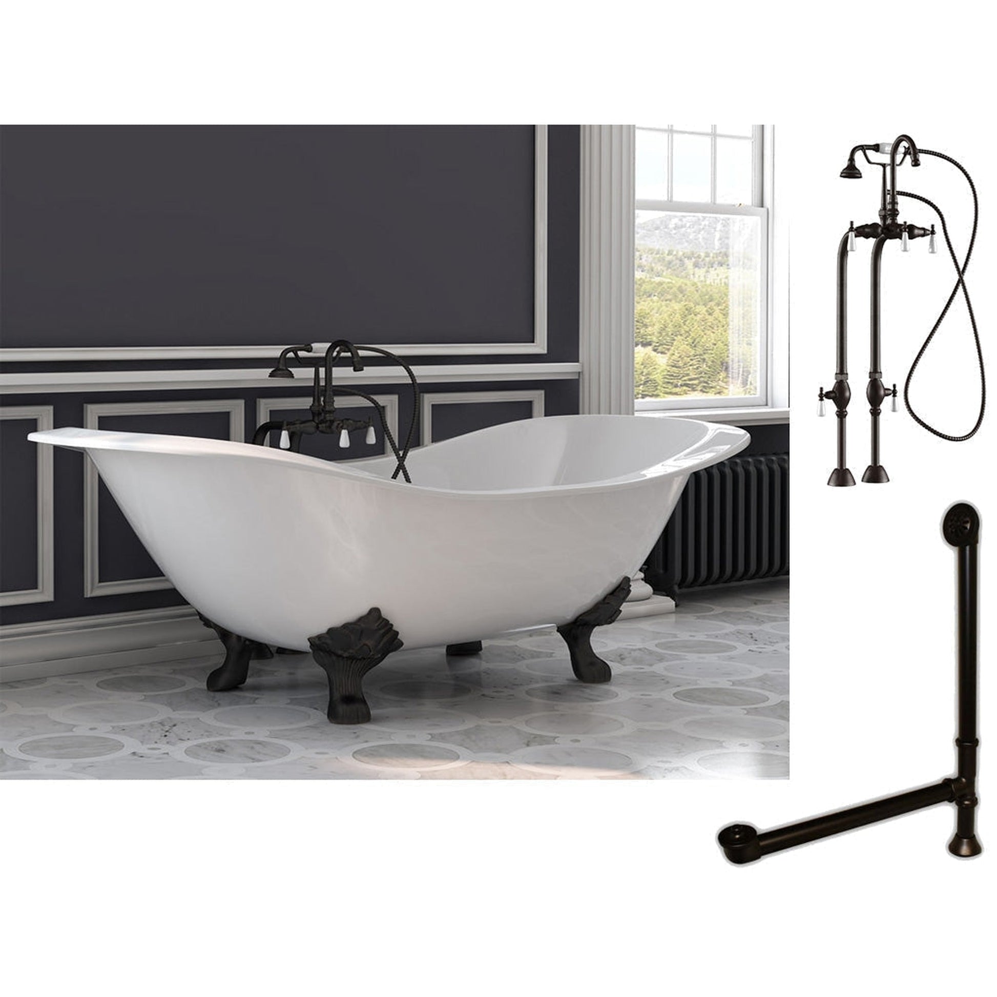 Cambridge Plumbing 72" White Cast Iron Double Slipper Clawfoot Bathtub With No Faucet Holes And Complete Plumbing Package Including Freestanding English Telephone Gooseneck Faucet, Drain And Overflow Assembly In Oil Rubbed Bronze