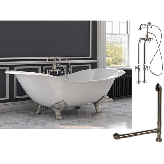Cambridge Plumbing 72" White Cast Iron Double Slipper Clawfoot Bathtub With No Faucet Holes And Complete Plumbing Package Including Freestanding English Telephone Gooseneck Faucet, Drain And Overflow Assembly In Brushed Nickel