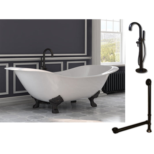 Cambridge Plumbing 72" White Cast Iron Double Slipper Clawfoot Bathtub With No Faucet Holes And Complete Plumbing Package Including Modern Floor Mounted Faucet, Drain And Overflow Assembly In Oil Rubbed Bronze