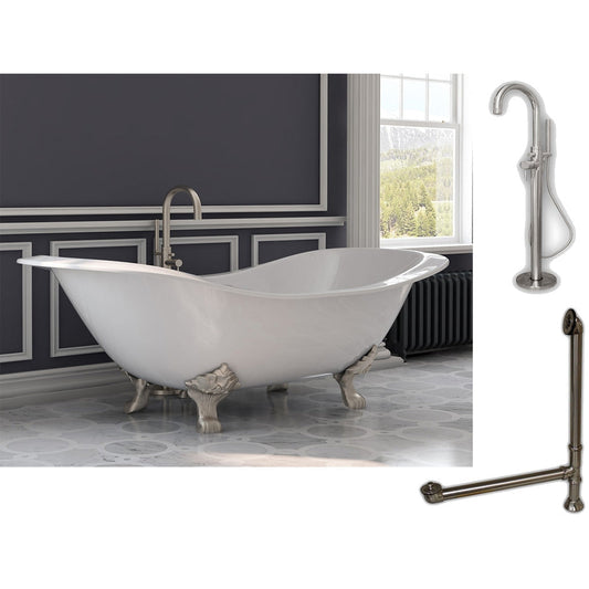 Cambridge Plumbing 72" White Cast Iron Double Slipper Clawfoot Bathtub With No Faucet Holes And Complete Plumbing Package Including Modern Floor Mounted Faucet, Drain And Overflow Assembly In Brushed Nickel