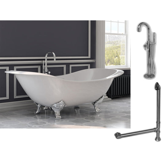 Cambridge Plumbing 72" White Cast Iron Double Slipper Clawfoot Bathtub With No Faucet Holes And Complete Plumbing Package Including Modern Floor Mounted Faucet, Drain And Overflow Assembly In Polished Chrome