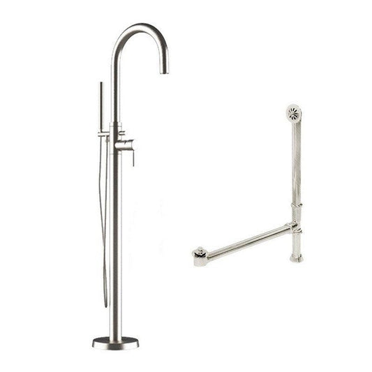 Cambridge Plumbing Complete Plumbing Package In Brushed Nickel Including Free Standing Modern Gooseneck Style Faucet With Hand Held Wand Shower, Supply Lines, Drain And Overflow Assembly