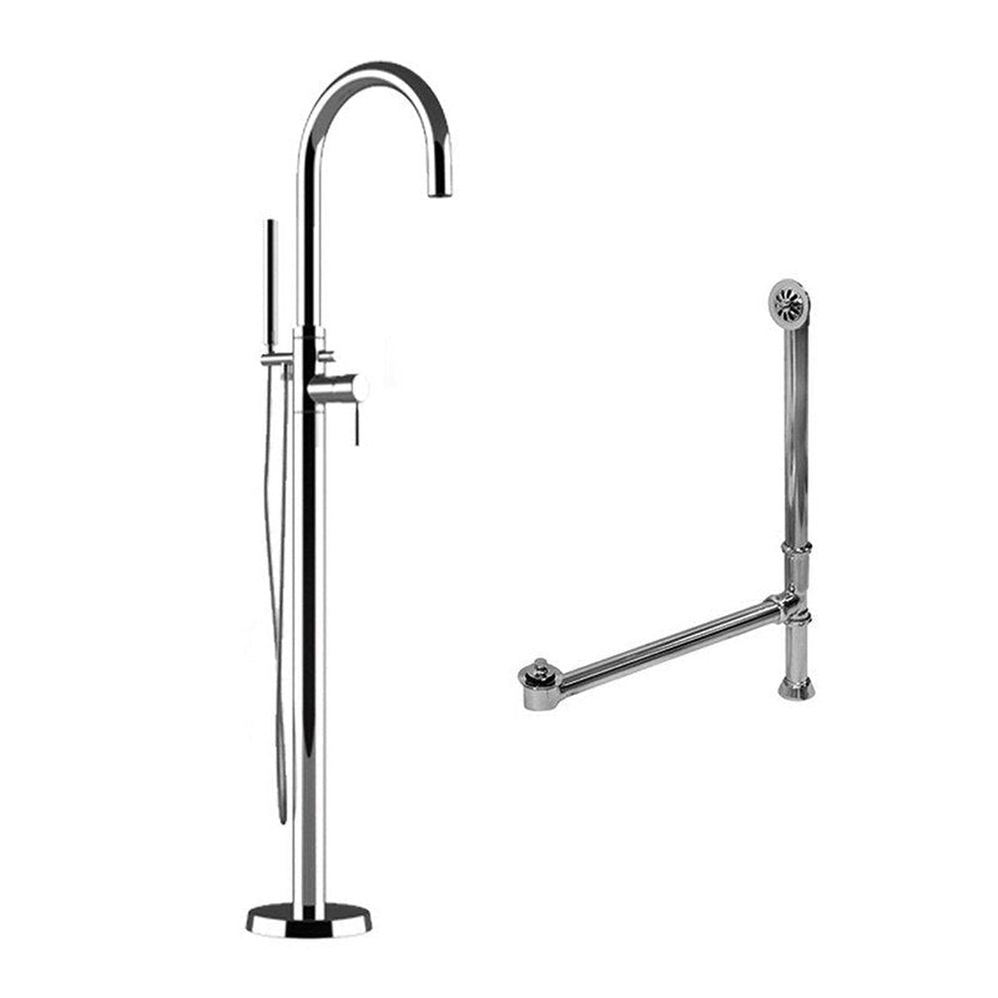 Cambridge Plumbing Complete Plumbing Package In Polished Chrome Including Free Standing Modern Gooseneck Style Faucet With Hand Held Wand Shower, Supply Lines, Drain And Overflow Assembly