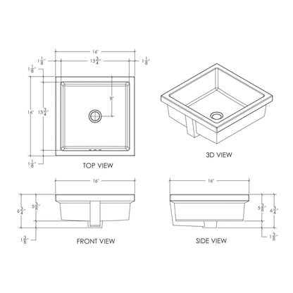 Cantrio Koncepts 16" Square White Vitreous China Undermount Bathroom Lavatory Sink With Overflow Drain