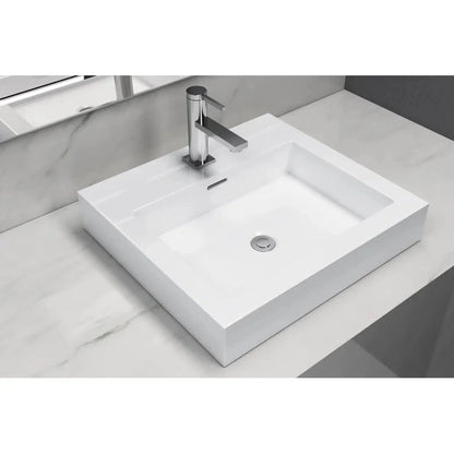 Cantrio Koncepts 19" x 17" Rectangle White Vitreous China Vessel Bathroom Lavatory Sink With Pre-Drilled Hole For Center Single Faucet and Overflow Drain