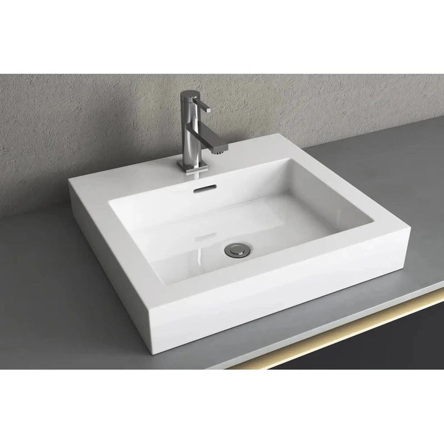 Cantrio Koncepts 19" x 17" Rectangle White Vitreous China Vessel Bathroom Lavatory Sink With Pre-Drilled Hole For Center Single Faucet and Overflow Drain