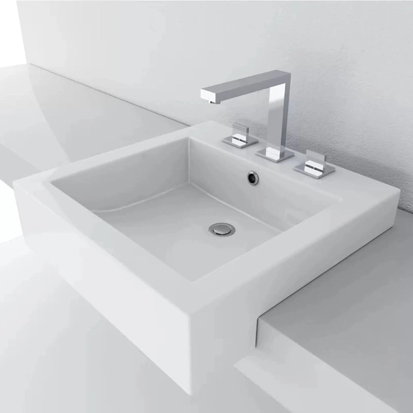 Cantrio Koncepts 20" White Square Semi-Recessed Vessel Bathroom Sink With Widespread Faucet Hole and Overflow