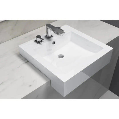 Cantrio Koncepts 20" White Square Semi-Recessed Vessel Bathroom Sink With Widespread Faucet Hole and Overflow