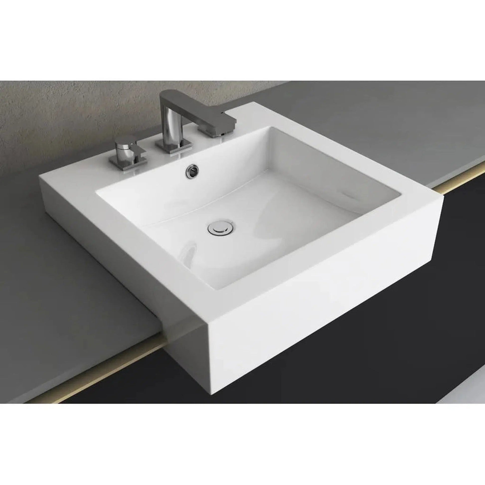 Cantrio Koncepts 20" White Square Semi-Recessed Vessel Bathroom Sink With Widespread Faucet Hole and Overflow