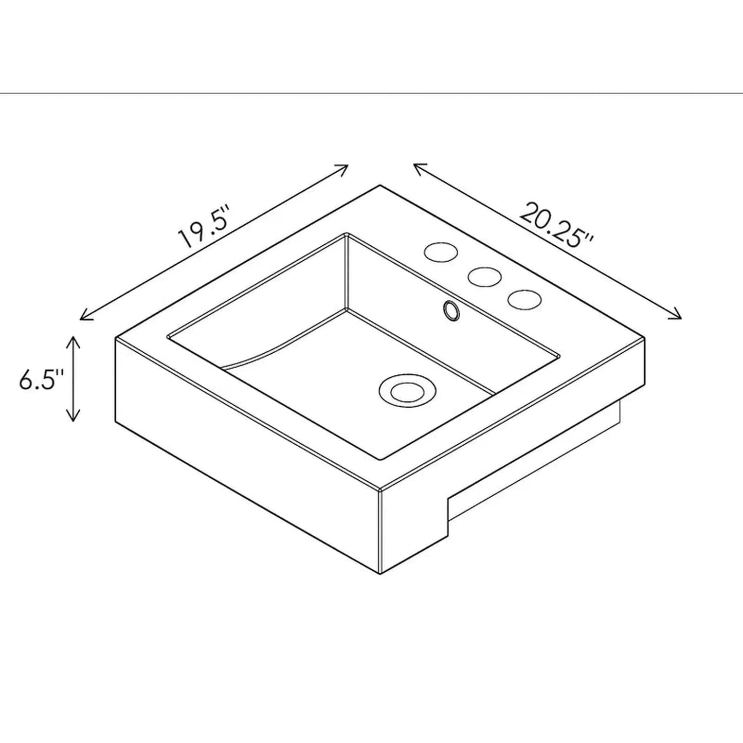 Cantrio Koncepts 20" White Square Semi-Recessed Vessel Bathroom Sink With Widespread Faucet Hole and Overflow