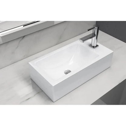 Cantrio Koncepts 20" x 10" Rectangle White Vitreous China Vessel Bathroom Lavatory Sink With Pre-Drilled Hole For Center Single Faucet and Non Overflow Drain