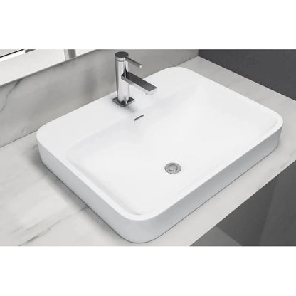 Cantrio Koncepts 23" Rectangle White Solid Surface Countertop Sink With Deck Mount Hole and Overflow Drain