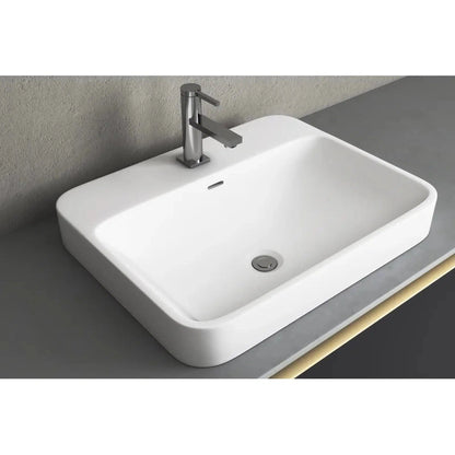 Cantrio Koncepts 23" Rectangle White Solid Surface Countertop Sink With Deck Mount Hole and Overflow Drain