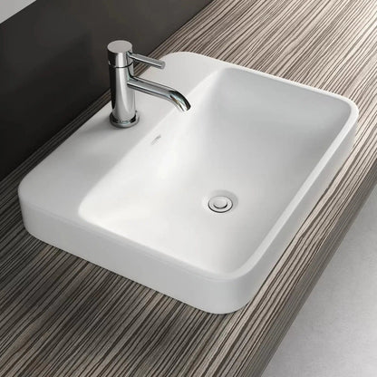 Cantrio Koncepts 23" Rectangle White Solid Surface Countertop Sink With Deck Mount Hole and Overflow Drain