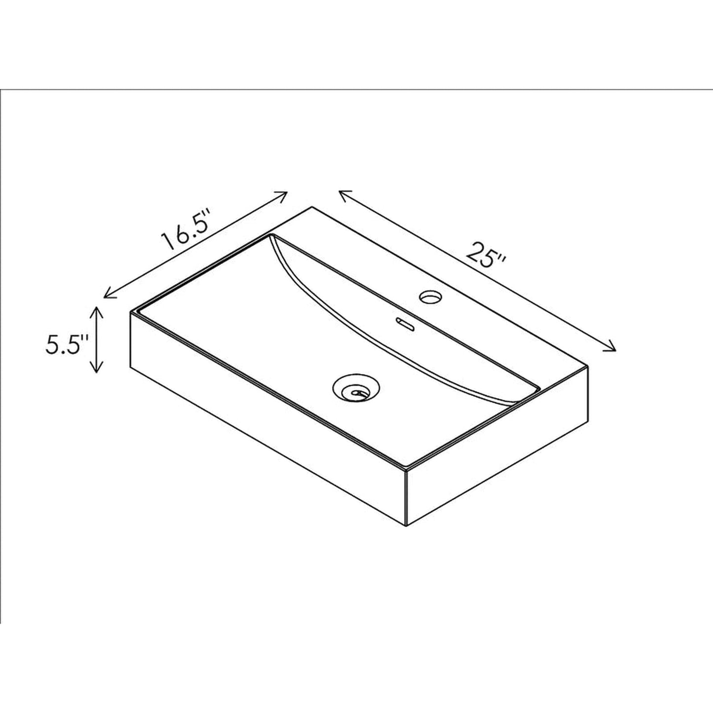 Cantrio Koncepts 25" Rectangle White Solid Surface Countertop Sink With Deck Mount Hole and Overflow Drain