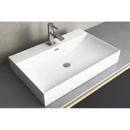 Cantrio Koncepts 25" Rectangle White Solid Surface Countertop Sink With Deck Mount Hole and Overflow Drain