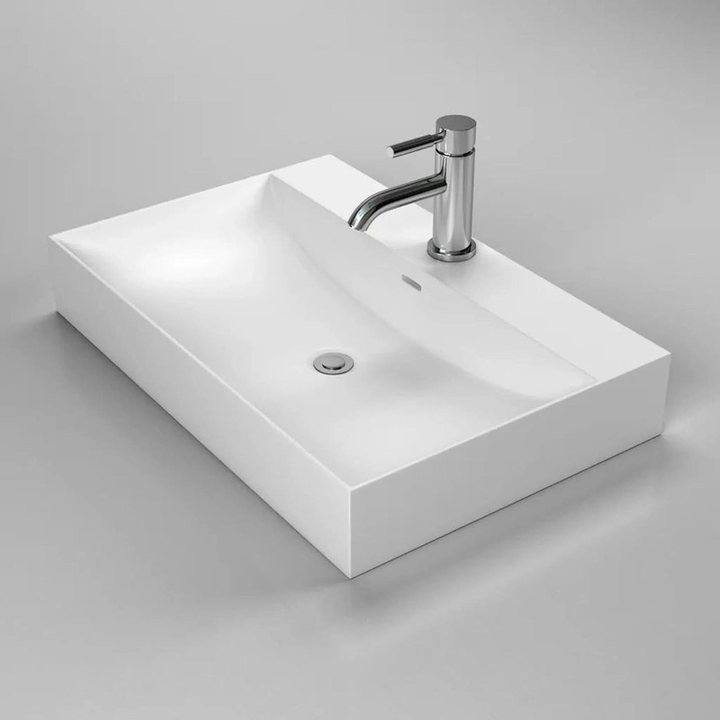 Cantrio Koncepts 25" Rectangle White Solid Surface Countertop Sink With Deck Mount Hole and Overflow Drain