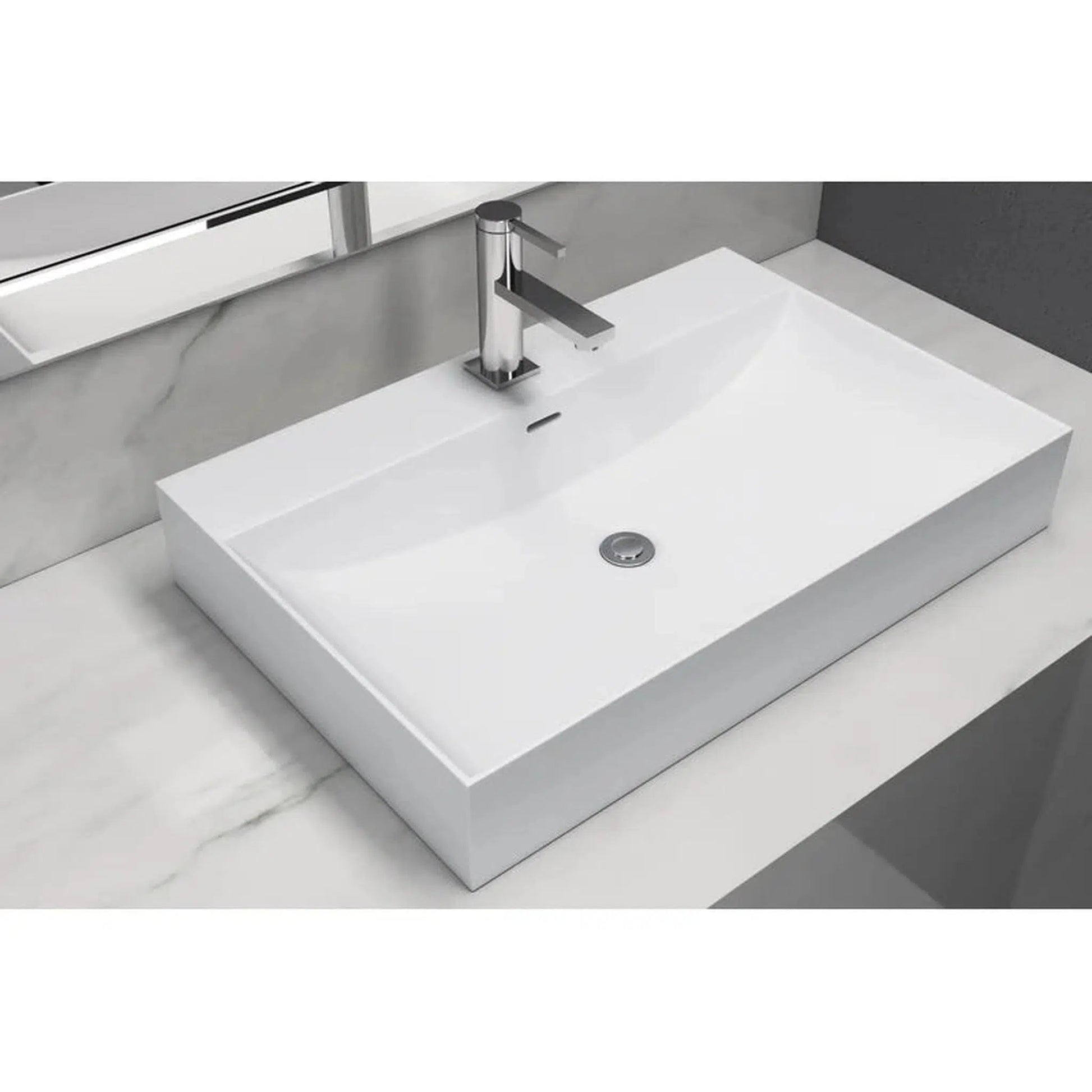 Cantrio Koncepts 25" Rectangle White Solid Surface Countertop Sink With Deck Mount Hole and Overflow Drain