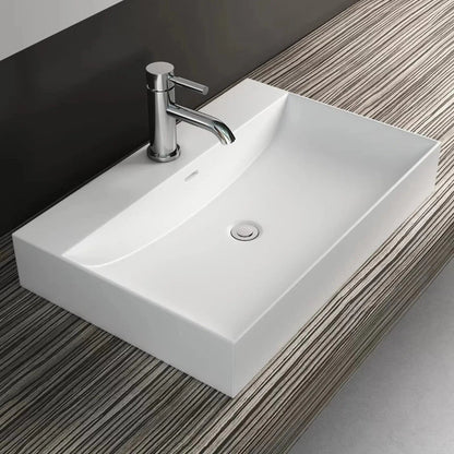 Cantrio Koncepts 25" Rectangle White Solid Surface Countertop Sink With Deck Mount Hole and Overflow Drain