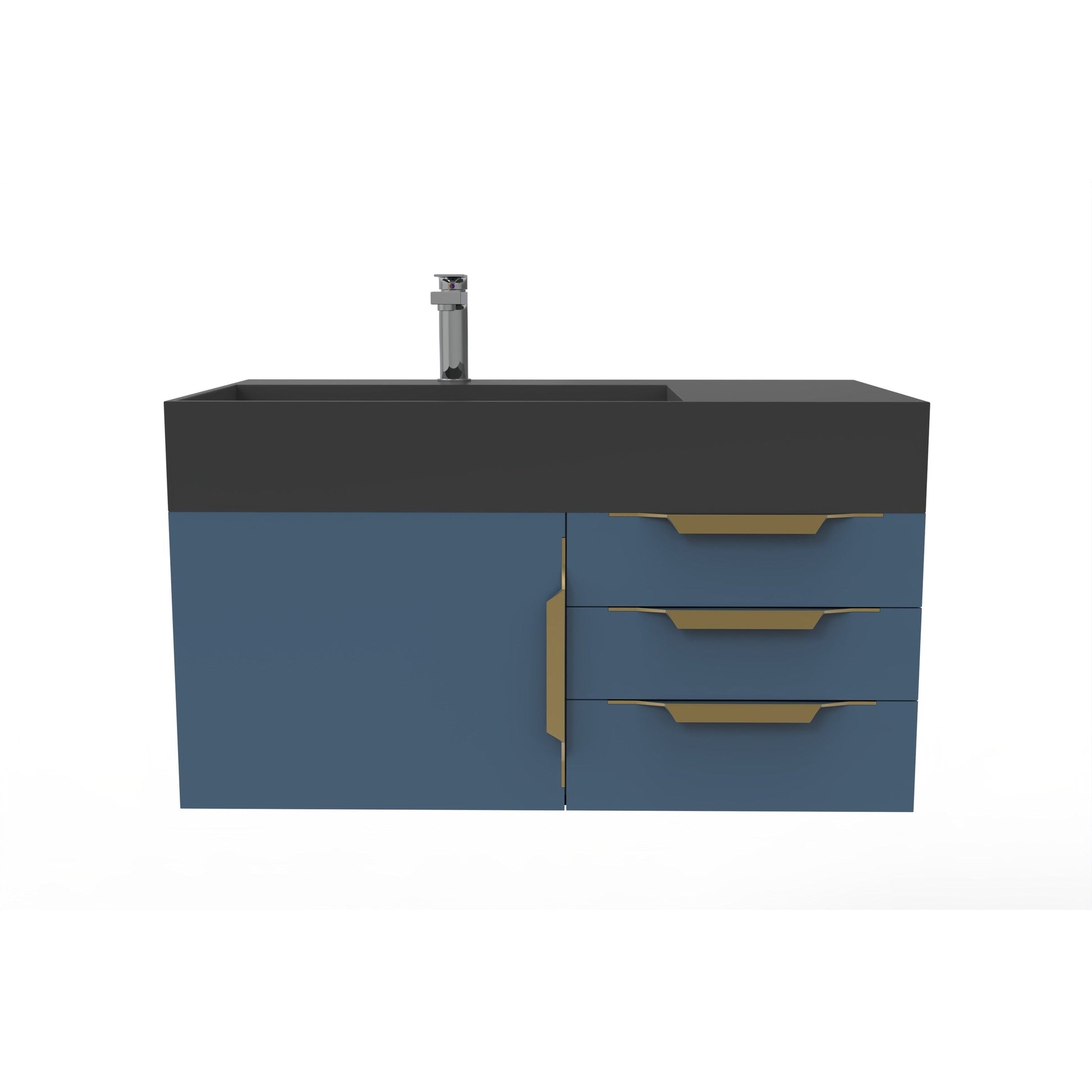 Castello USA Amazon 36" Blue Single Vanity Set With Left Offset Black Top and Gold Handles