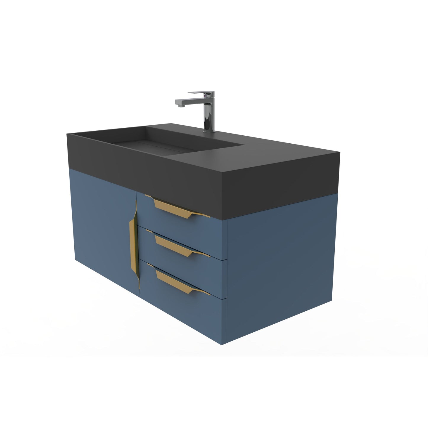 Castello USA Amazon 36" Blue Single Vanity Set With Left Offset Black Top and Gold Handles