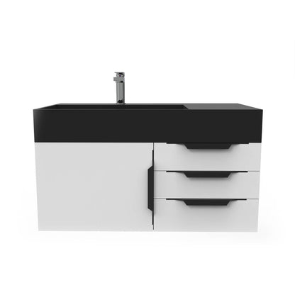 Castello USA Amazon 36" White Single Vanity Set With Left Offset Black Top and Black Handles
