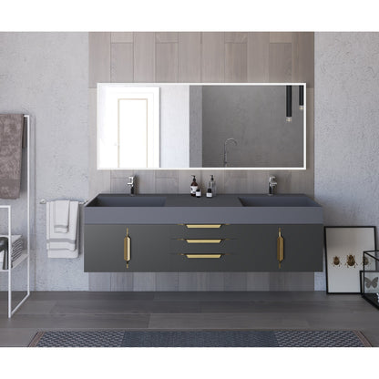 Castello USA Amazon 72" Black Double Vanity Set With Gray Top and Gold Handles