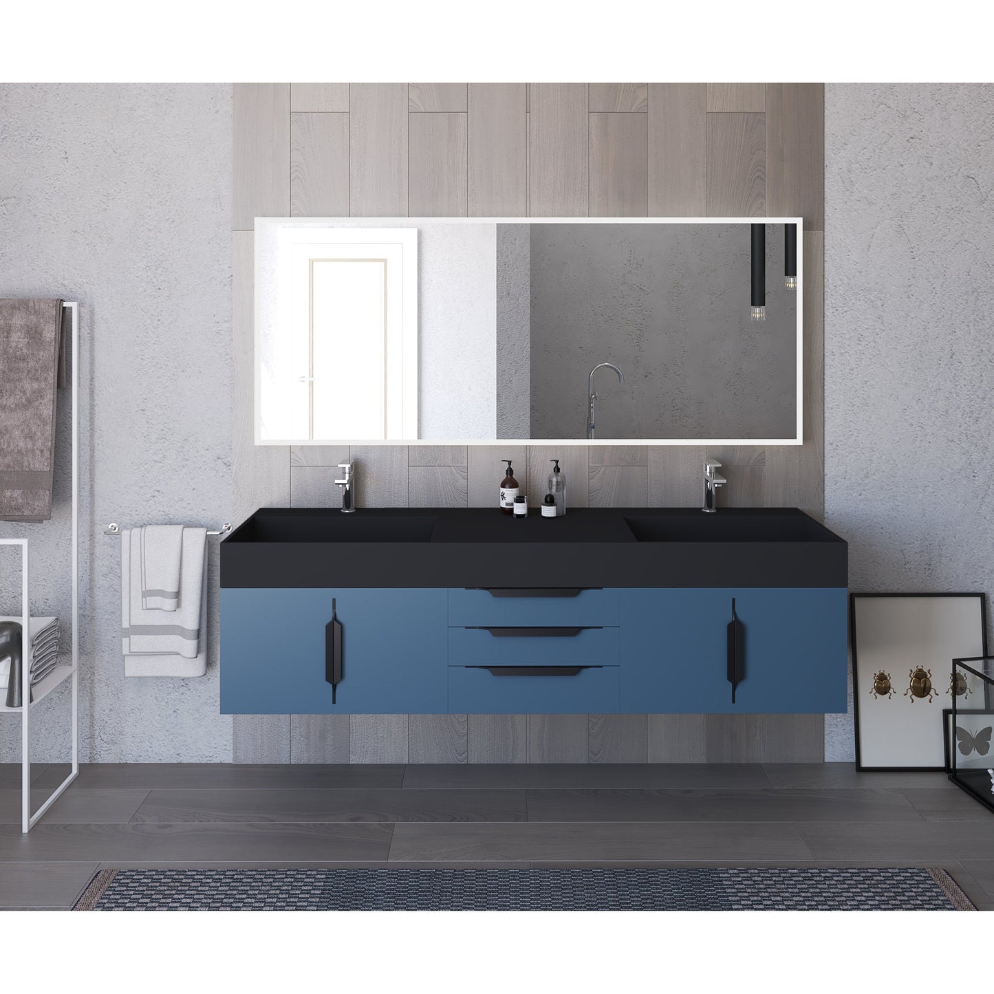 Castello USA Amazon 72" Blue Double Vanity Set With Black Top and Black Handles