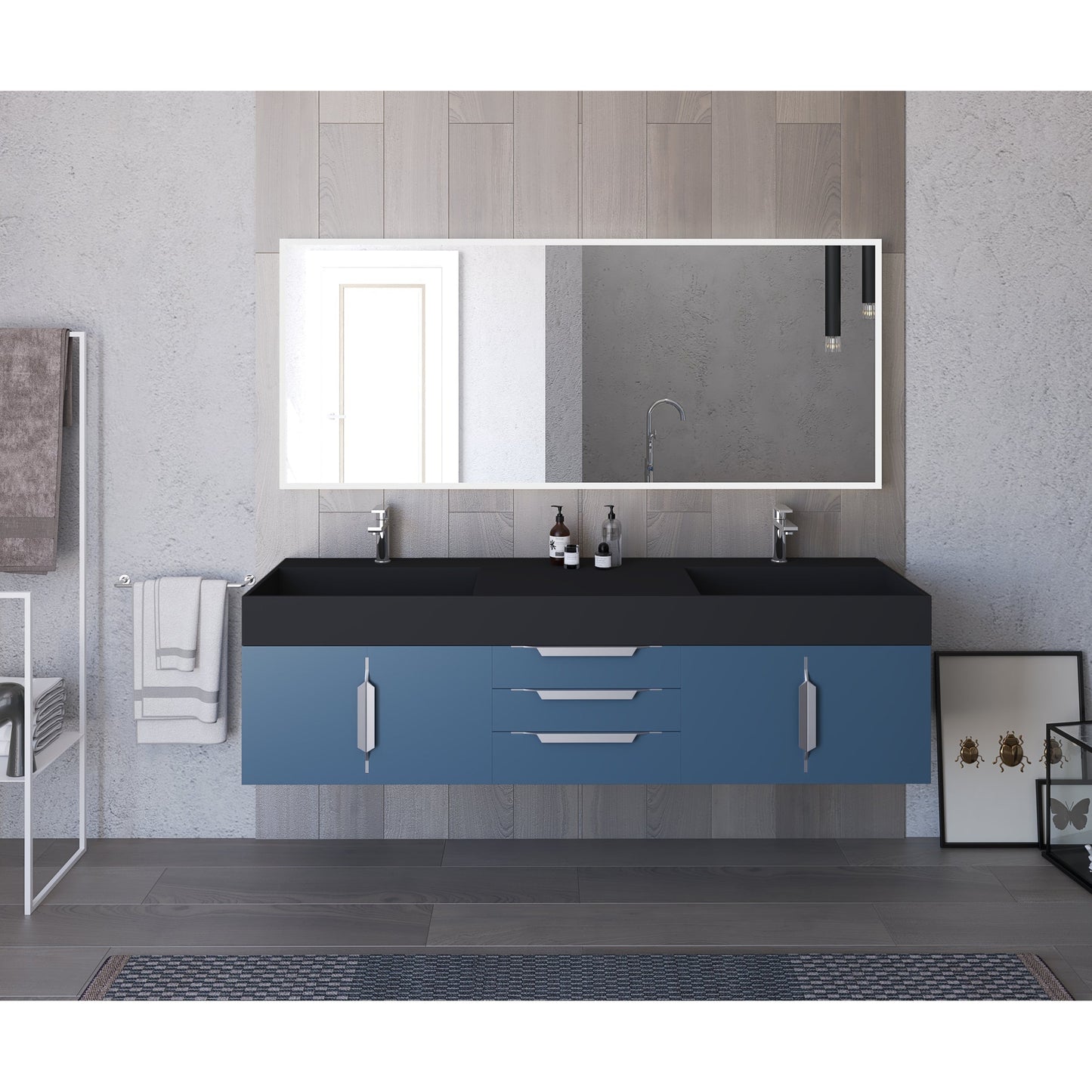 Castello USA Amazon 72" Blue Double Vanity Set With Black Top and Chrome Handles