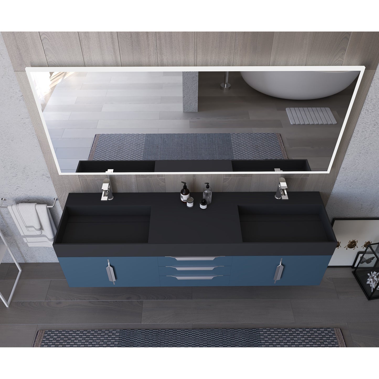 Castello USA Amazon 72" Blue Double Vanity Set With Black Top and Chrome Handles
