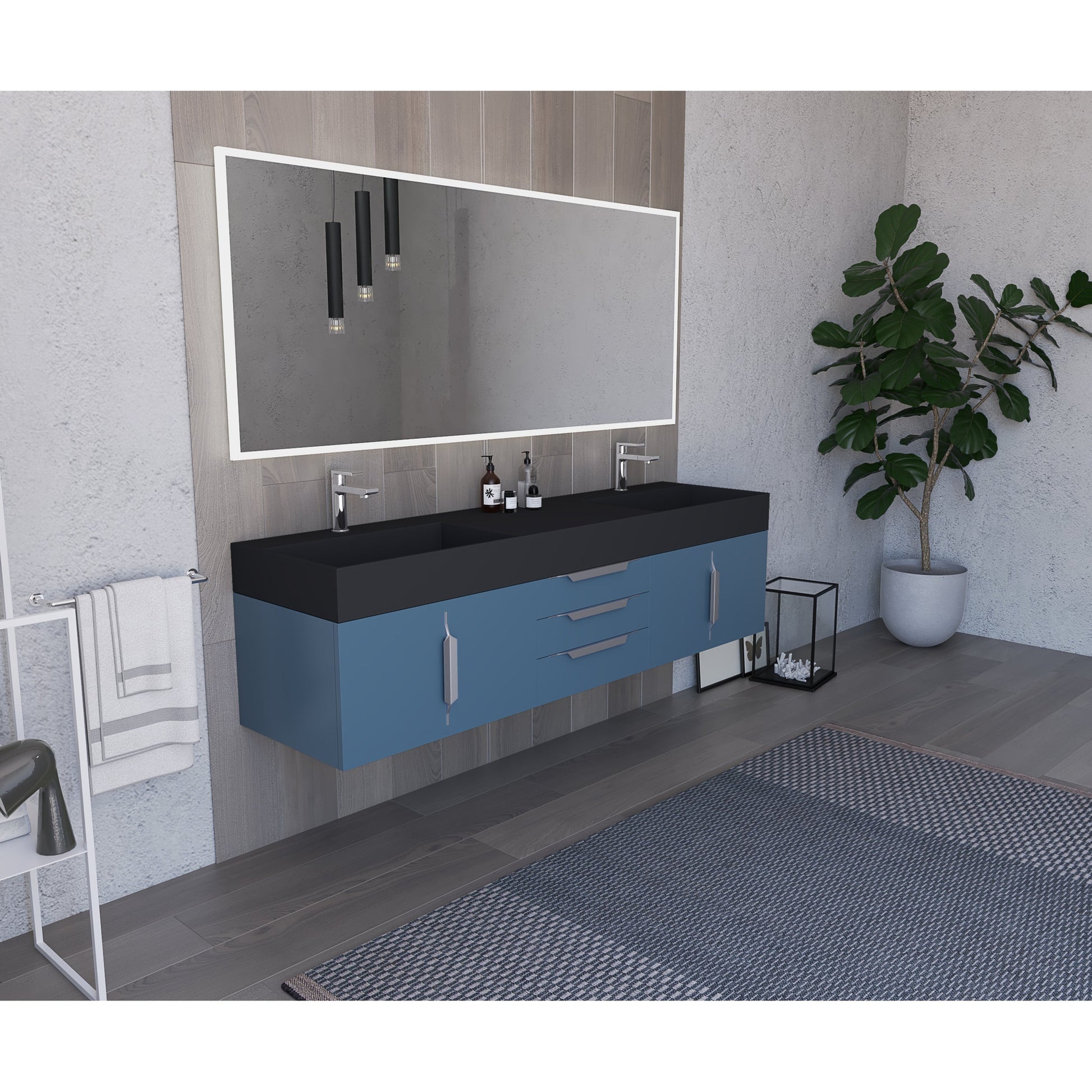 Castello USA Amazon 72" Blue Double Vanity Set With Black Top and Chrome Handles