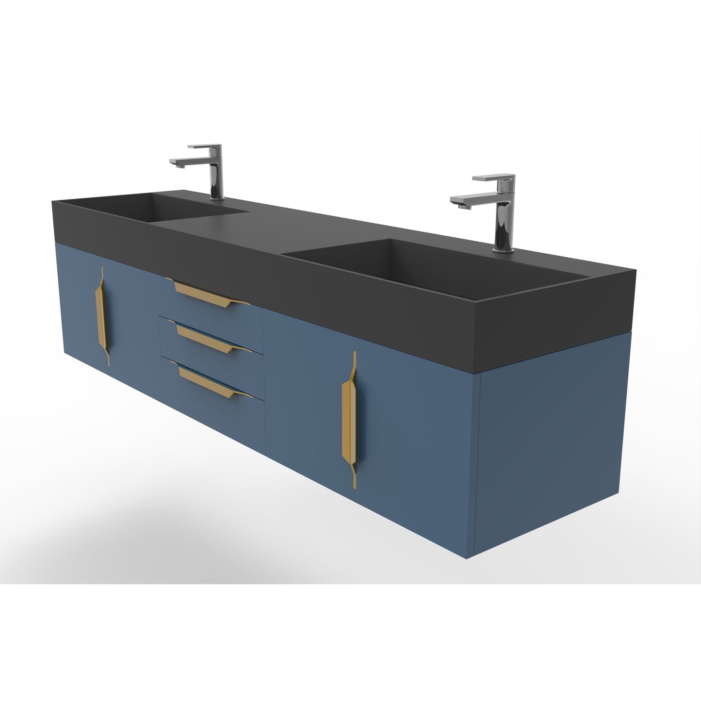 Castello USA Amazon 72" Blue Double Vanity Set With Black Top and Gold Handles