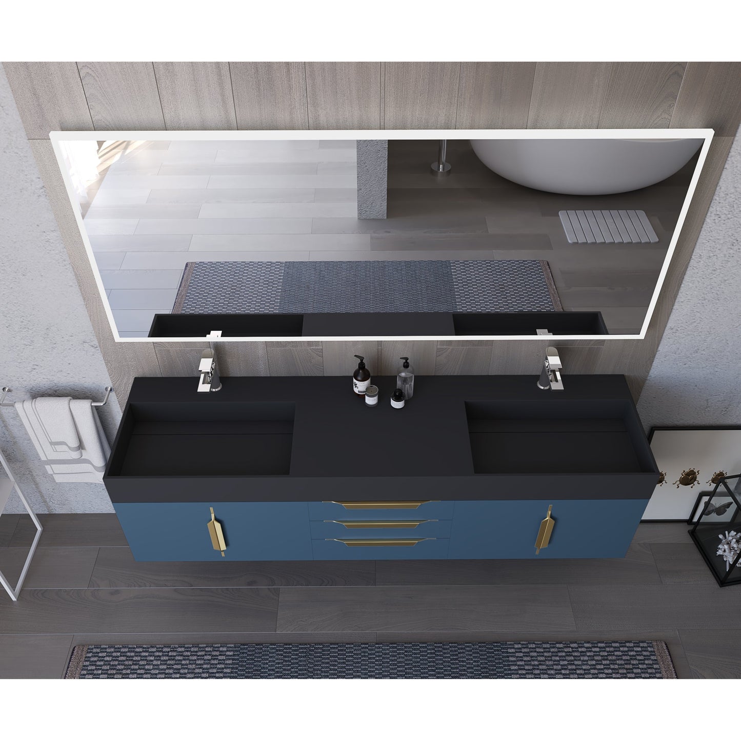 Castello USA Amazon 72" Blue Double Vanity Set With Black Top and Gold Handles