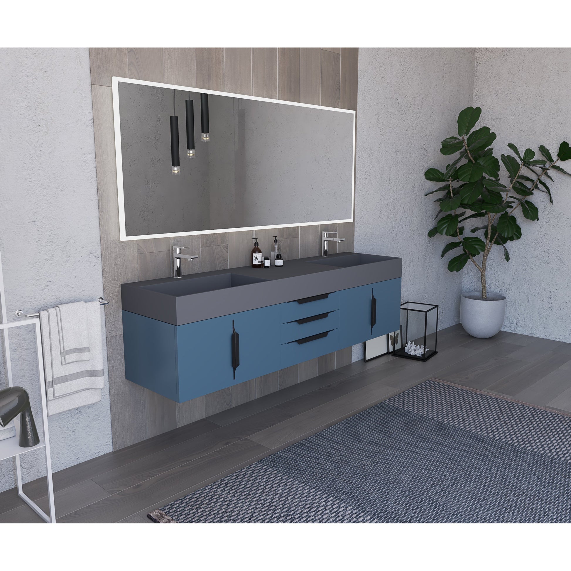 Castello USA Amazon 72" Blue Double Vanity Set With Gray Top and Black Handles