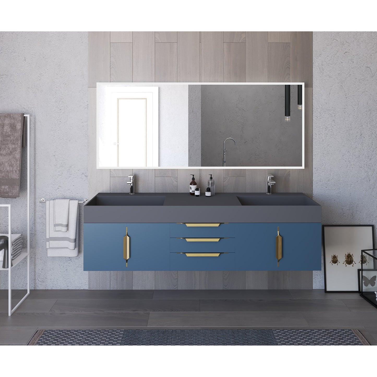 Castello USA Amazon 72" Blue Double Vanity Set With Gray Top and Gold Handles
