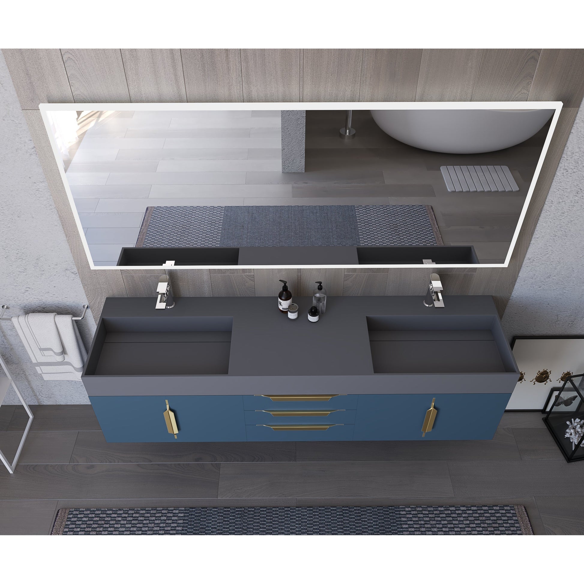 Castello USA Amazon 72" Blue Double Vanity Set With Gray Top and Gold Handles