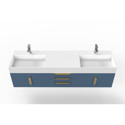 Castello USA Amazon 72" Blue Double Vanity Set With White Top and Gold Handles